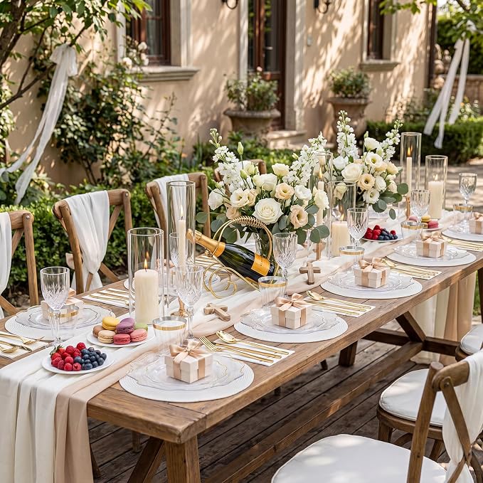 WDF 350Pcs Clear and Gold Plastic Plates - Heavy Duty Clear Plates Disposable - Gold Dinnerware Sets of 100 Plastic Plate 150Silverware 50 Cups 50 Napkins for Wedding Baby Shower Spring