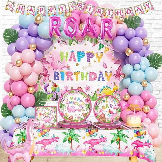 Hombae Dinosaur Party Decorations for Girl, Dinosaur Birthday Decorations, Cute Dinosaur Party Supplies, Pink Dinosaur Theme Backdrop Balloon Banner Tablecloth Cake Topper Plates Napkins Forks