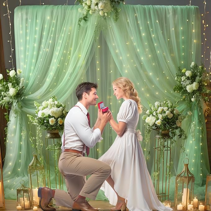 10x8ft Olive Green Tulle Backdrop Curtain with Lights String for Parites, Sheer Photo Backdrop Drapes with Lights for Wedding Backdrop Ceremony Reception Bridal Shower Baby Shower Birthday Party