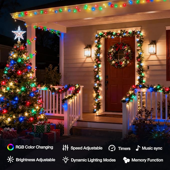 RGB Christmas Lights Outdoor, 98.4FT 300 LED Color Changing String Lights with Remote & Timer, Music Sync Multiple Modes Waterproof Christmas Tree Light for Home Party Holiday Xmas Decoration