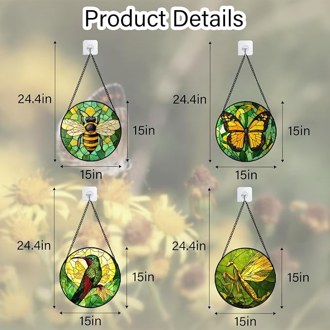 DASTOLL Stained Glass Window Hanging 4 Pcs Set Green Plants Yellow Insect Theme 6.3" - Suncatcher Door Garden Sun Catcher Decor Birthday Christmas for Mom Woman Nana Men