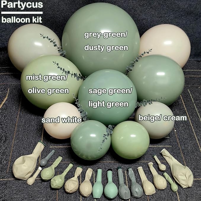 Dusty Green White Balloon Arch Double Stuffed Sage Light Green White Sand Beige Balloon Garland Eucalyptus Leaves for Baby Shower Neutral Birthday Woodland Bridal Wedding Gender Reveal Party Decor