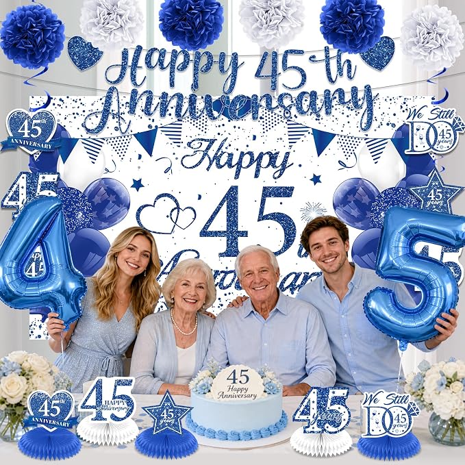 45th Wedding Anniversary Decorations Kit Blue Happy 45th Anniversary Banner Backdrop Table Honeycomb Centerpiece Hanging Swirls Poms Decor for Men Women 45 Years Wedding Anniversaries Party Supplies