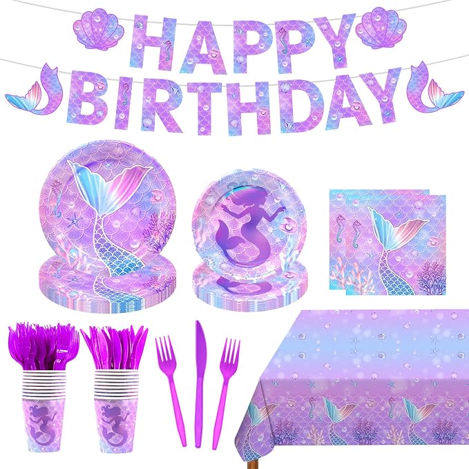182pcs Mermaid Birthday Party Decorations,Mermaid Themed Plates and Napkins Disposable Tableware Set for Girls Birthday Party Supplies,Serve 30 Guests