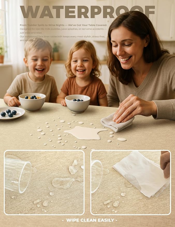 Decorelia Faux Linen Farmhouse Table Cloth 60"x144" for 10 ft Rectangle Table, Beige Waterproof Outdoor Washable Cloth Tablecloth for Rectangular Dining Room Kitchen Outdoor Party Restaurant Table