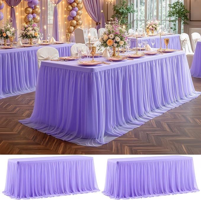 2 Pack Lavender Tulle Tablecloths with Skirt for 6 Foot Rectangle Tables Party Ruffle Tutu Tablecloth 6FT Stretch Fitted Table Cover for Wedding Reception Birthday Baby Shower Celebration Banquet