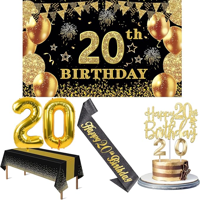 20th Birthday Decorations for Him Her with Banner, Black and Gold Table Cloth, Number Balloons, Large 20th Birthday Sash, Cake Topper and Candles