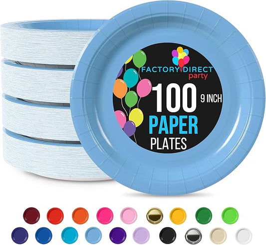 Exquisite Party Solids Light Blue Paper Plates Disposable Heavy Duty 9 Inch Light Blue Disposable Plates For Party 100 Pcs Heavy Duty 350 GSM, Birthday Supplies