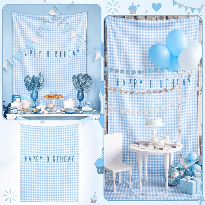 Flutesan 7x5ft Blue Gingham Happy Birthday Backdrop Large Banner Fabric Tapestry Birthday Party Decoration Baby Shower Linen Rustic Background Wall Photo Props Indoor Outdoor