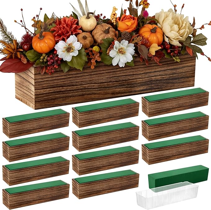 Dandat 12 Set Wood Boxes for Centerpieces 12x4 Inch Rectangle Wooden Planter Box Rustic Wood Planter with Removable Plastic Liner Floral Foam Blocks for Centerpieces Home Wedding Garden Decor