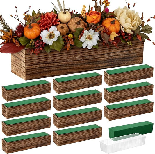 Dandat 12 Set Wood Boxes for Centerpieces 12x4 Inch Rectangle Wooden Planter Box Rustic Wood Planter with Removable Plastic Liner Floral Foam Blocks for Centerpieces Home Wedding Garden Decor
