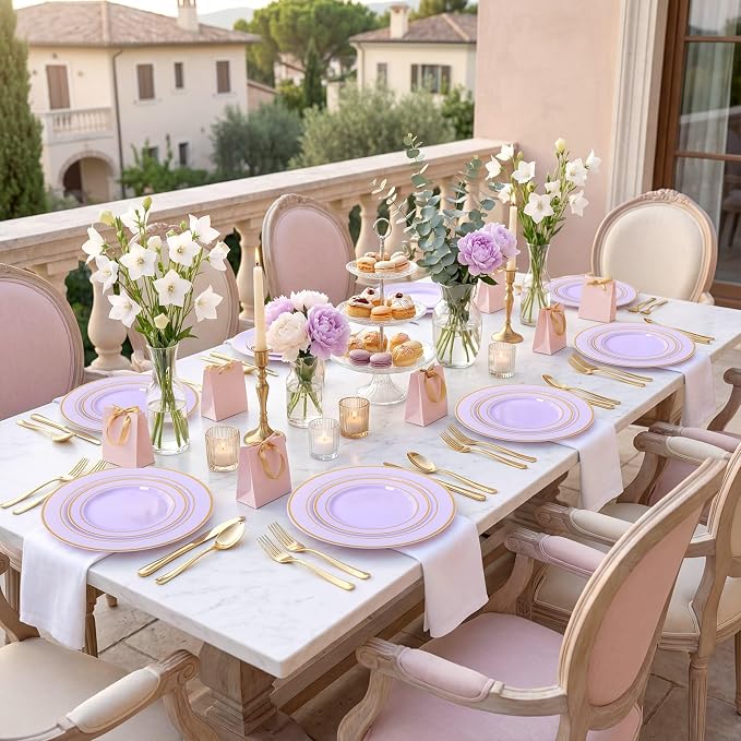 WDF Partyware 175PCS Purple Plates Disposable - Lavender Plastic Plates 25Guests Plastic Dinnerware with Rolled Napkins for Birthday/Spring/Baby Shower/Birthday