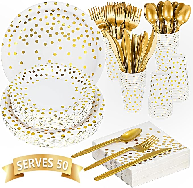 350PCS Gold Party Supplies for 50 Guests, Disposable Party Decorations Dinnerware Paper Plates Cups Napkins Gold Plastic Forks Knives Spoons for Wedding Birthday Graduation