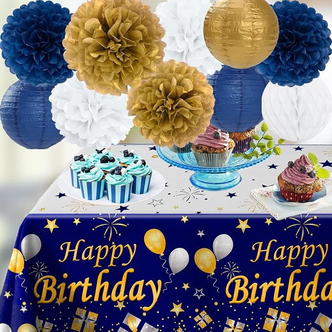 Navy Blue Gold White Paper Flowers Tissue Pom Poms Honeycomb Lanterns 15pcs Royal Party Decorations Birthday Wedding Baby Bridal Shower Bachelorette Graduation Hanging Supplies Mprocherify