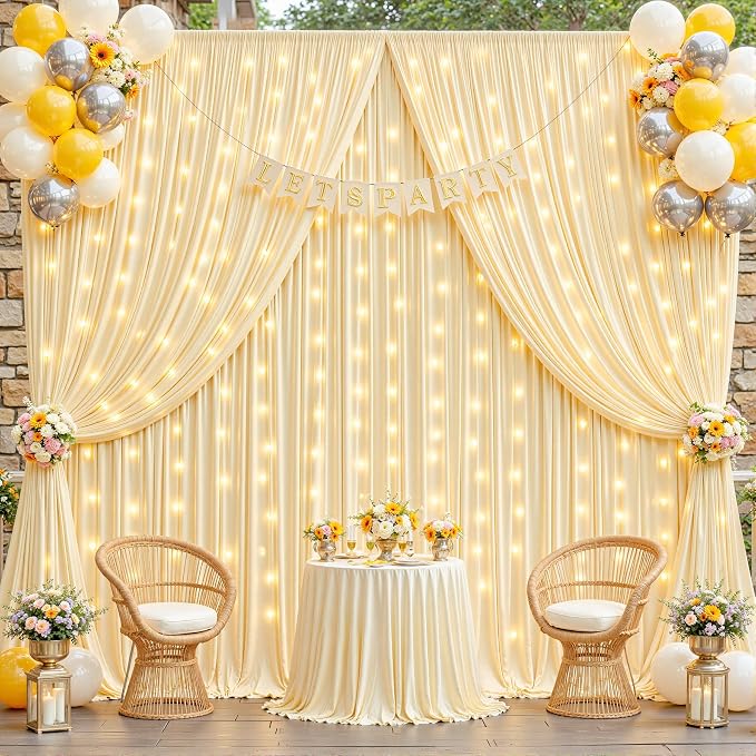 8 Panels Champagne Backdrop Curtains - Wrinkle Free Fabric Backdrop Curtain for Photoshoot, 10FT Wedding Party Photo Backdrop Drapes for Birthday Baby Shower Photography Stage Background Decorations