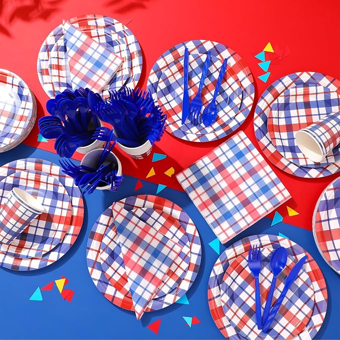 Shellwei 350 Pcs 50 Guests 4th of July Patriotic Tableware Set Red White Blue Buffalo Plaid Disposable Paper Plates, Napkins, Cups & Plastic Utensils for Independence Memorial Day Party Decorations