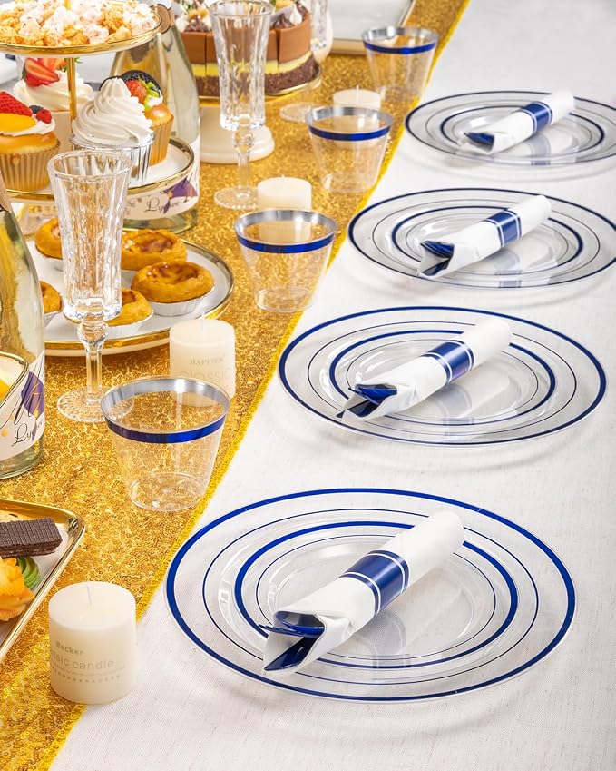 Goodluck 175 Pcs Clear Blue Disposable Plastic Plates Party Supplies | Plate Sets Include 50 Plastic Plates, 25 Pack Pre Rolled Napkins With Silverware, 25 Cups For Party, Wedding, Graduation
