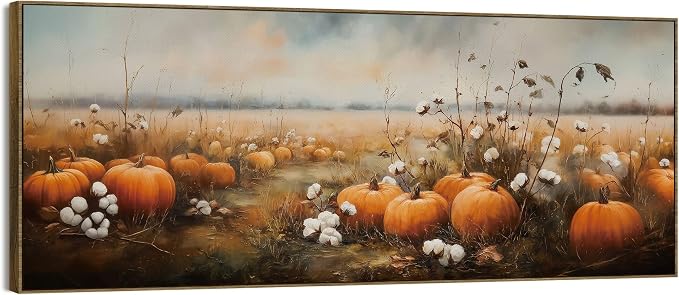 TLESKE Vintage Fall Pumpkin Farmhouse Large Wall Art Decor Framed 15x40 | Autumn Pumpkin Field Landscape Canvas Wall Art Print for Bedroom Living Room, Rustic Farm Harvest Wall Artwork Picture