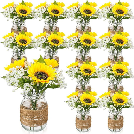 85 Pcs/ 12 Set Sunflower Mason Jar Table Centerpiece Mason Jar Vases Faux Floral with Rope Boho Rustic Flower Table Decoration for Reception Engagement Party Bridal Shower Wedding
