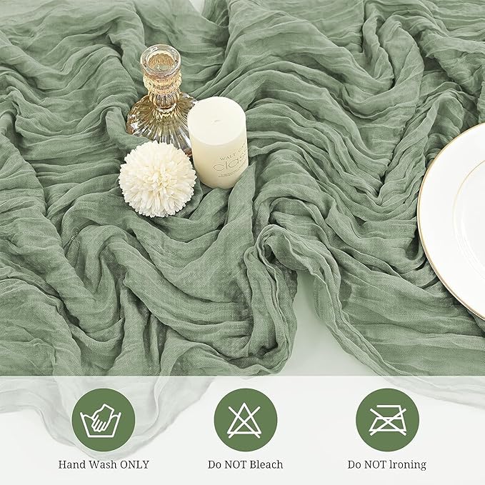 12 Pack Sage Green Cheesecloth Table Runner, 10FT Spring Boho Gauze Green Cheese Cloth Table Runner 35 x120 Inch Semi Sheer Long Runner for Table Wedding Party Banquet Baby Shower Birthday