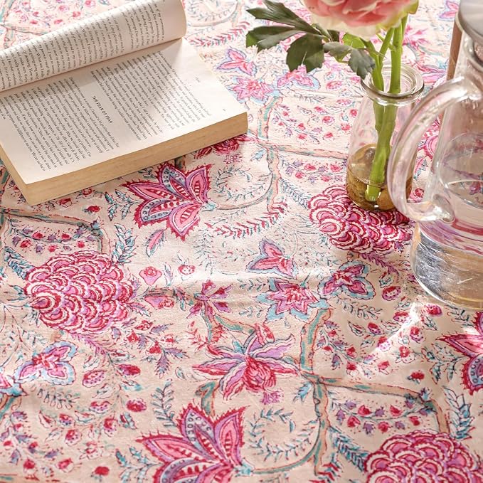 Hand Block Printed Tablecloth, Colorful Floral Print, Indian Artisan Handmade Art, Dining Room, Kitchen, Outdoor Décor, (Rose Tangerine Grace, 12 Seater 72 x 135 Inches Rectangle)