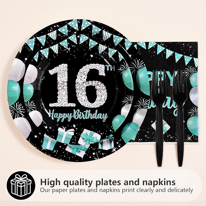 96Pcs 16th Birthday Party Supplies Teal Blue and Black Plates and Napkins Disposable Turquoise 16 Years Old Paper Tableware Set for Boys Girls 16th Birthday Graduation Party Decorations Serve 24