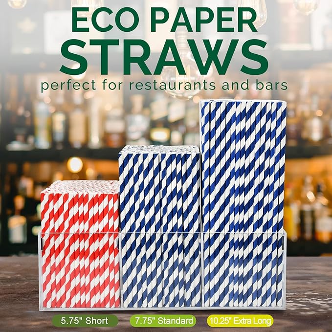 10 Inch Long Disposable Drinking Straws Paper - Navy Blue Striped, 100 Counts - 100% Biodegradable