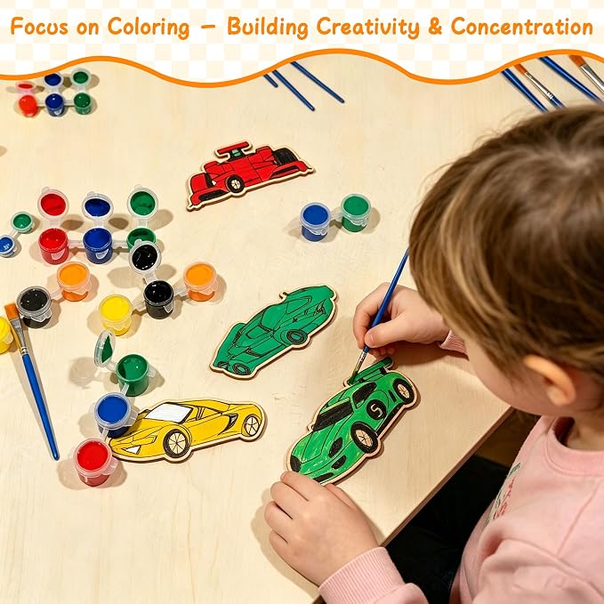 HandTool Race Car Party Favors,24 PCS DIY Wooden Car Painting Crafts Kit for Kids with Paints&Magnets,Bubble Wands,DIY Cards and Gift Bags,Birthday Supplies for Kids Classroom Rewards Gifts Bulk