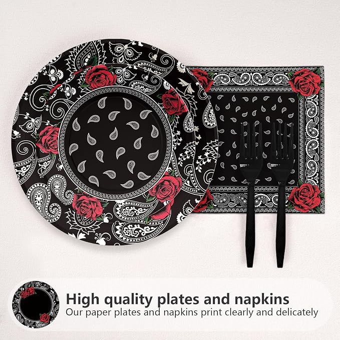 96PCS Black Bandana Western Party Decorations Cholo Gangsta Party Plates Disposable Black Bandana Tableware Set for Early 2000s Cholo Theme Western Birthday Party Supplies, Serves 24