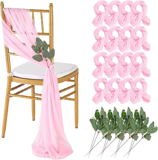 QueenDream Pink Chair Sashes Wedding: 16 Pieces Long Sheer Wedding Aisle Chair Decorations Tulle Chairs Covers with Artificial Eucalyptus