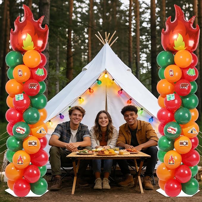 2 Sets Vbs Camping Balloon Column Stand Kit With 102 Camping Balloons Campfire Foil 5.57ft Adjustable Balloon Tower Stand With Bases Adjustable Arch Column for 2026 School Camp Party Birthday Supplies
