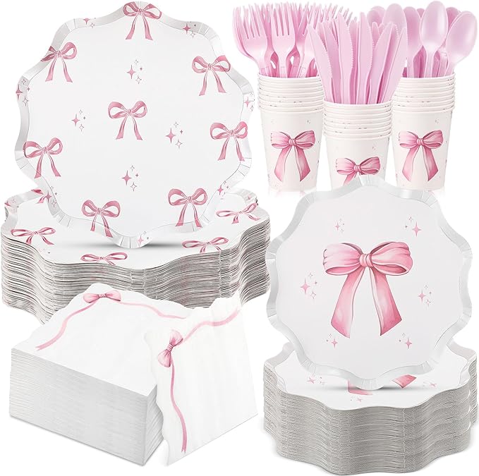 Ziliny 350 Pcs Bow Pink Party Supplies Tableware Set Disposable 9'' 7'' Paper Plates 9 oz Cups Cutlery Napkins Dinnerware Set for 1st Birthday, Serve 50 (Bow, Pink)
