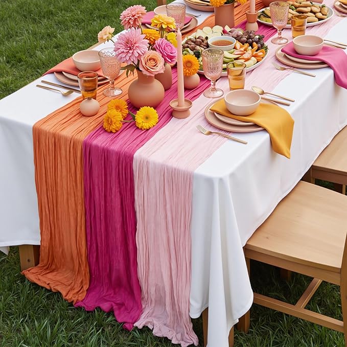 6 Pcs Pink Orange Sunset Party Decorations Table Runner Cloth Summer Boho Gauze Cheese Cloth Runner 118" Rustic Table Decor for Wedding Birthday Party Baby Bridal Shower Tequila Decor