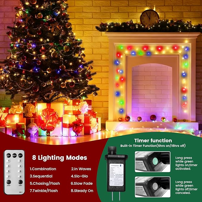 Christmas String Lights Indoor Outdoor Clear Wire, 500 LED 164FT Multicolor Christmas Lights Outdoor for Bedroom 8 Mode, Twinkle Fairy Light Plug in for Home Wedding Tree Yard Patio Decor