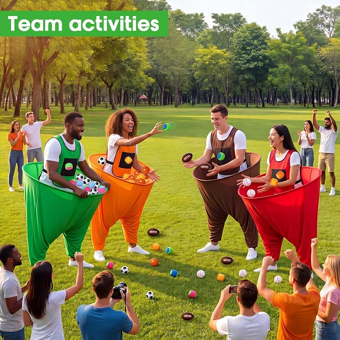 Leitee 4 Pcs Granny Pants Yard Games Set for Adult, 4 Oversized Pants 4 Vests, 20 PU + 20 Fuzzy Balls, Outdoor Snowball Fight Game, Toss Catching Game for Team Building Backyard Party Lawn Fun (Large)