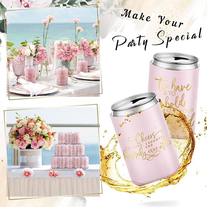 Qinyoung 50 Pieces Pink Rose Wedding Can Cooler Bulk Engagement Party Favors for Guests Cheers to Love Laughter and Happily Ever After Rehearsal Dinner Decorations for Wedding Bridal Party