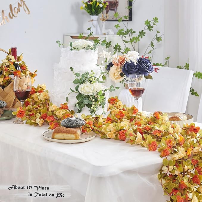 PONKING 6 Pcs x 8.2 ft Flower Garland Artificial Rose Vine Flowers with Green Leaves Hanging Fake Roses Vine for Room Party Home Wedding Birthday Christmas Wall Arch Decor, Fall Champagne Flower