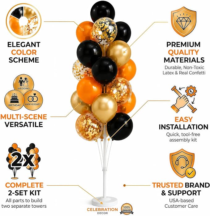 Balloon Column Kit Set of 2 With Balloons Included - with Base, and Pole,Balloon Tower Backdrop Decoration for Wedding, Baby Shower, Birthday Party, or Bachelorette Parties (Black Orange)
