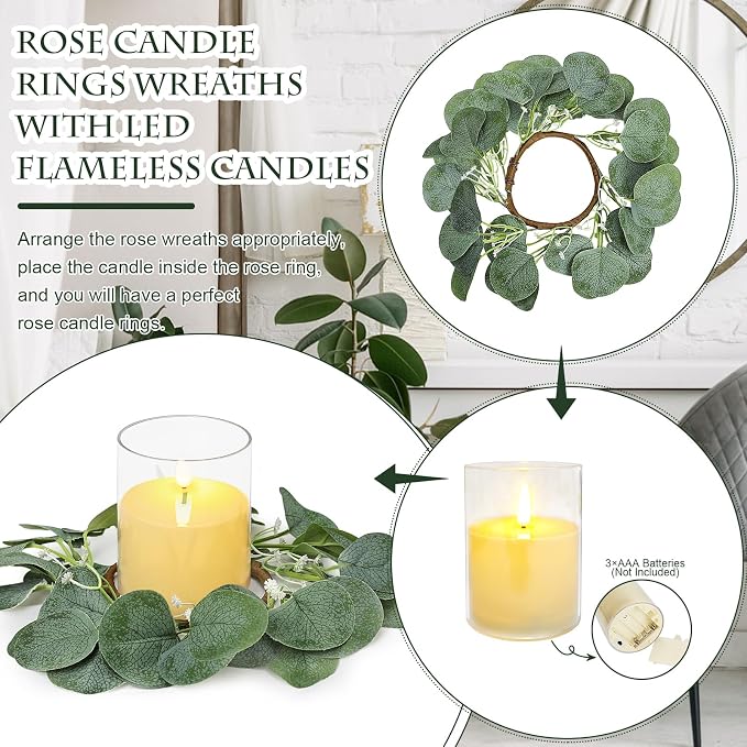 6 Sets Artificial Eucalyptus Candle Rings with LED Flameless Candles - 3 Inch Candle Rings Wreaths for Pillar Wedding Centerpieces Home Table Party Decor