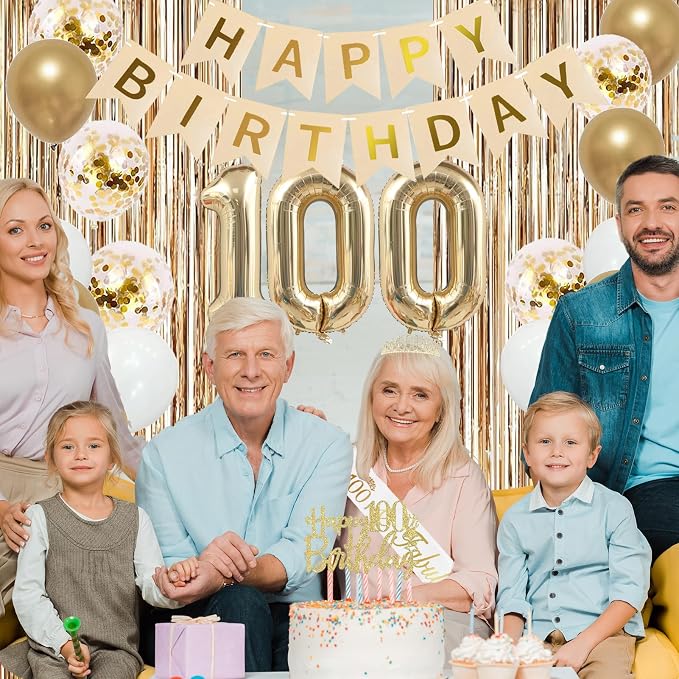 Trgowaul 100th Birthday Decorations for Women, Banner, Sash and Crown, Cake Topper, 100 Number Balloon, Fringe Curtains, Champagne Gold 100th Birthday Party Supplies