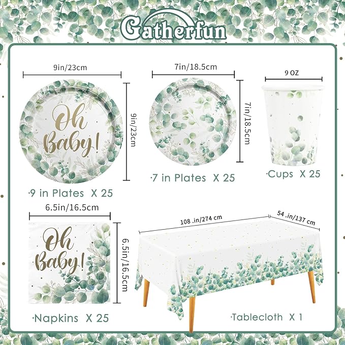 Sage Greenery Baby Shower Party Supplies Disposable Paper Plates Napkins Cups and Tablecloth for Boho Greency Party Decorations, Serve 25.