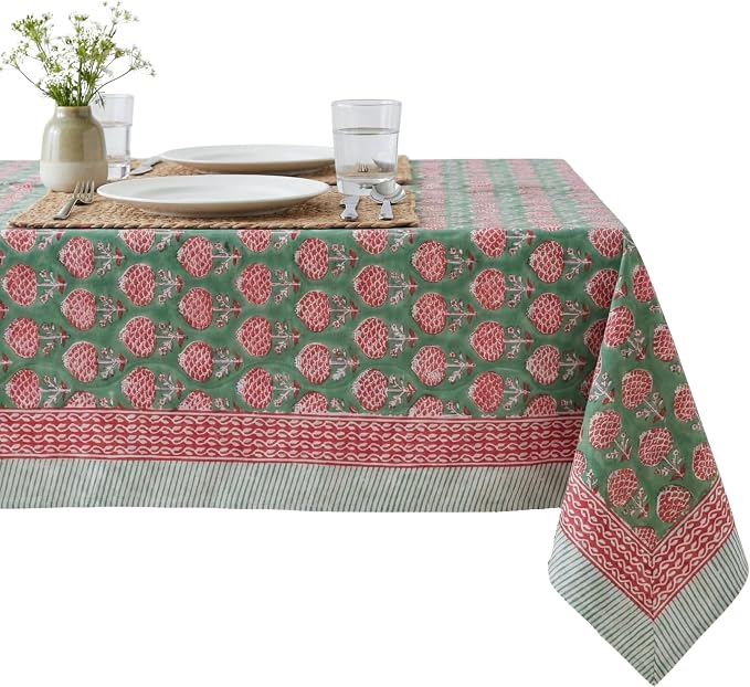 ATOSII Roma Green 100% Cotton Square Summer Tablecloth, Block Print Floral Table Cloth for Dining, Parties Wedding Outdoors I Grand Millenial Decor 60 X 60 Inches I 4 Seater I