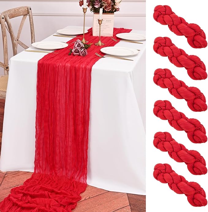 6 Pack Red Table Runner 10FT Long Cheesecloth Table Runner Cheese Cloth Gauze for Wedding Party Birthday Decoration-Red