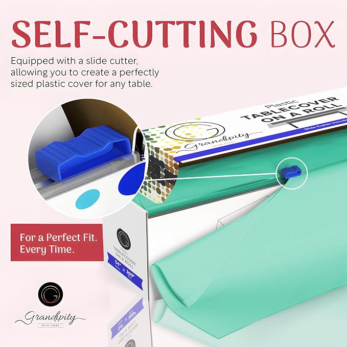 Grandipity Plastic Tablecloth Roll - 54in x 300 Ft. Aqua Plastic Table Cloths for Parties Disposable with Cutter Box - Cut to Size Disposable Tablecloth Table Cover for Rectangle & Round
