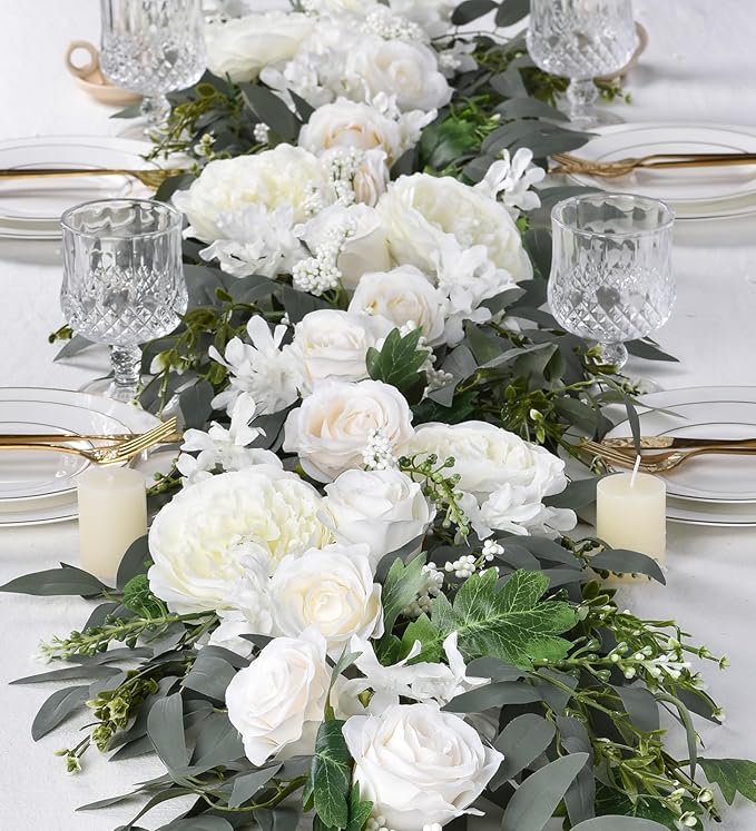 DearHouse 2Pack Artificial Peony Flower Garland - 6ft/Strand Silk Peony Flower Greenery Garland with Fake Willow Leaves for Wedding Ceremony Backdrop Party Table Centerpieces Decor (White)