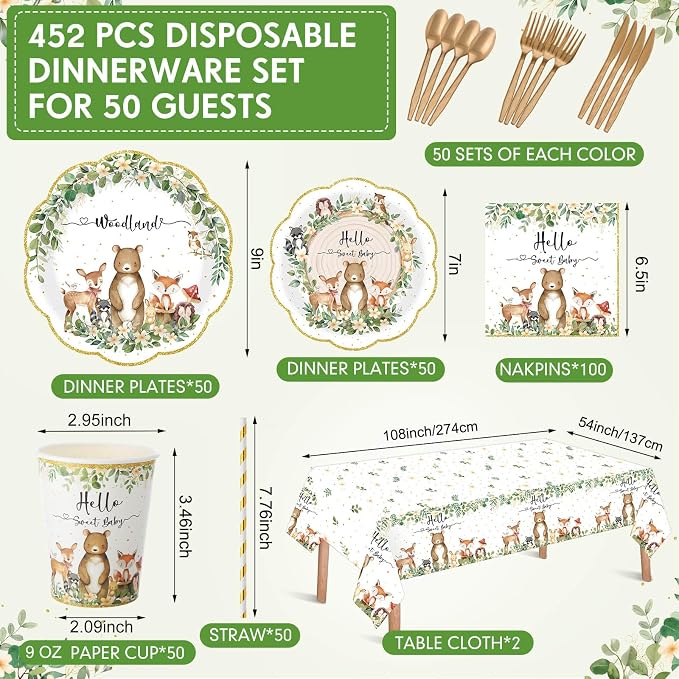 Funnymoom 452 Pcs Woodland Baby Shower Decorations for 50 Guests, Forest Animals Woodland Paper Plates Napkins Cups Tablecloth Cutlery Straws for Neutral Forest Animal Baby Shower Party Supplies