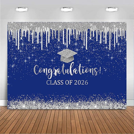 Mocsicka Blue and Sliver Graduation Backdrop Congratulations Class of 2026 Photography Background 2026 Graduation Party Decorations Congrats Grad Cake Table Banner
