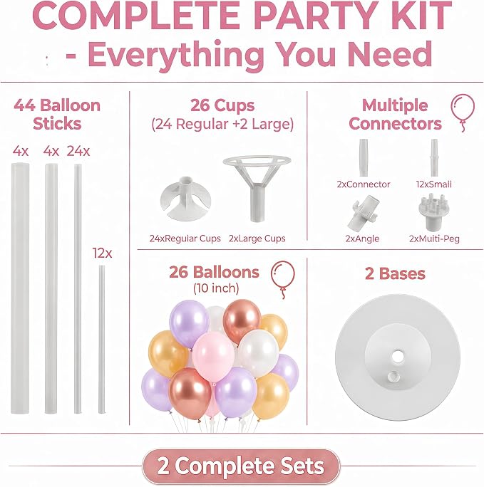 Balloon Column Kit Set of 2,Anti-Tip Sand-Fill Base Balloon Tower Stand with 10" 26pc pink purple Balloons,Height Adjustable for Easter Birthday Wedding Bridal Party Decorations Graduation