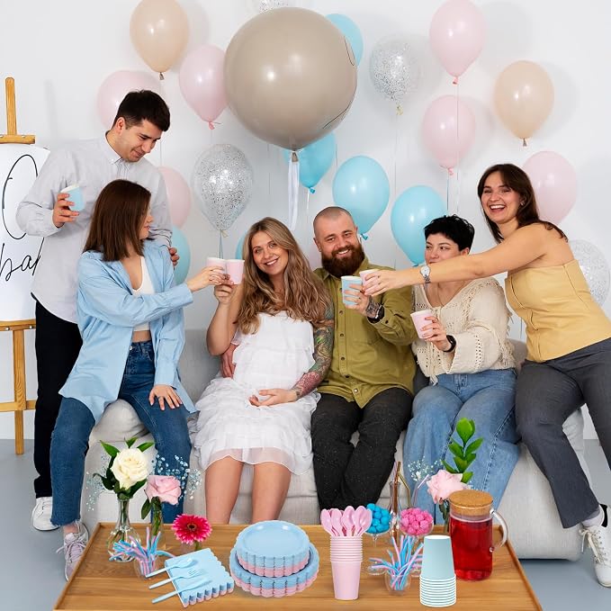 350 Pcs Baby Gender Reveal Plates and Napkins, 50 Guest Boy or Girl Gender Reveal Party Supplies Include Light Pink and Light Blue Plates Napkin Cup Plastic Spoon Fork Knive for Baby Shower