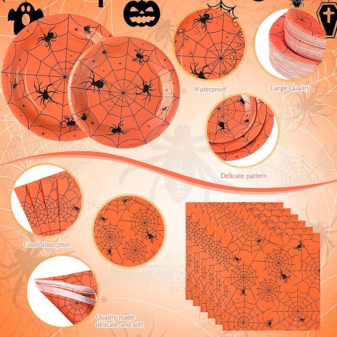 Funnymoom 452 Pcs Halloween Spiderweb Supplies Tableware for 50 Guests, Orange Spider Web Paper Plates Napkins Cups Tablecloth Cutlery Straws for Spiderweb Halloween Birthday Party Decoration